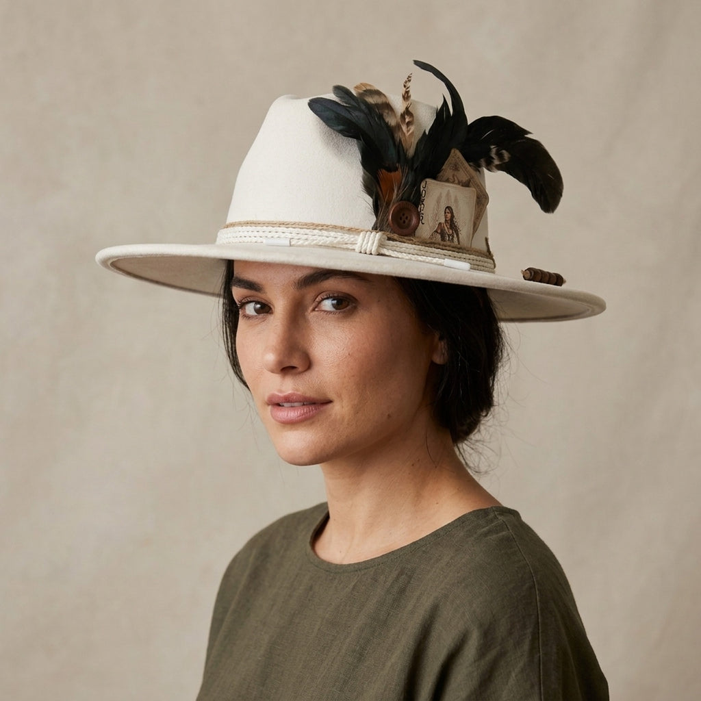 Cream Felt Fedora With Playing Cards Feathers And Wooden Beads