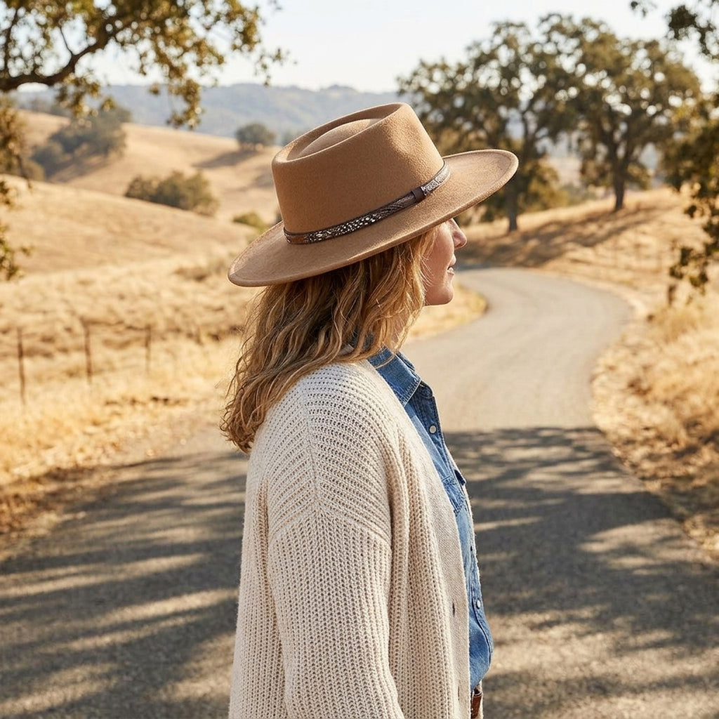 Tan Wide Brim Felt Hat with Patterned Leather Band Unisex