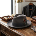 Gray Wool Felt Fedora with Feather Accent and Contrast Trim