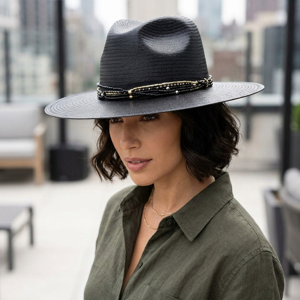Unisex Black Straw Sun Hat with Beaded Band and Wide Brim