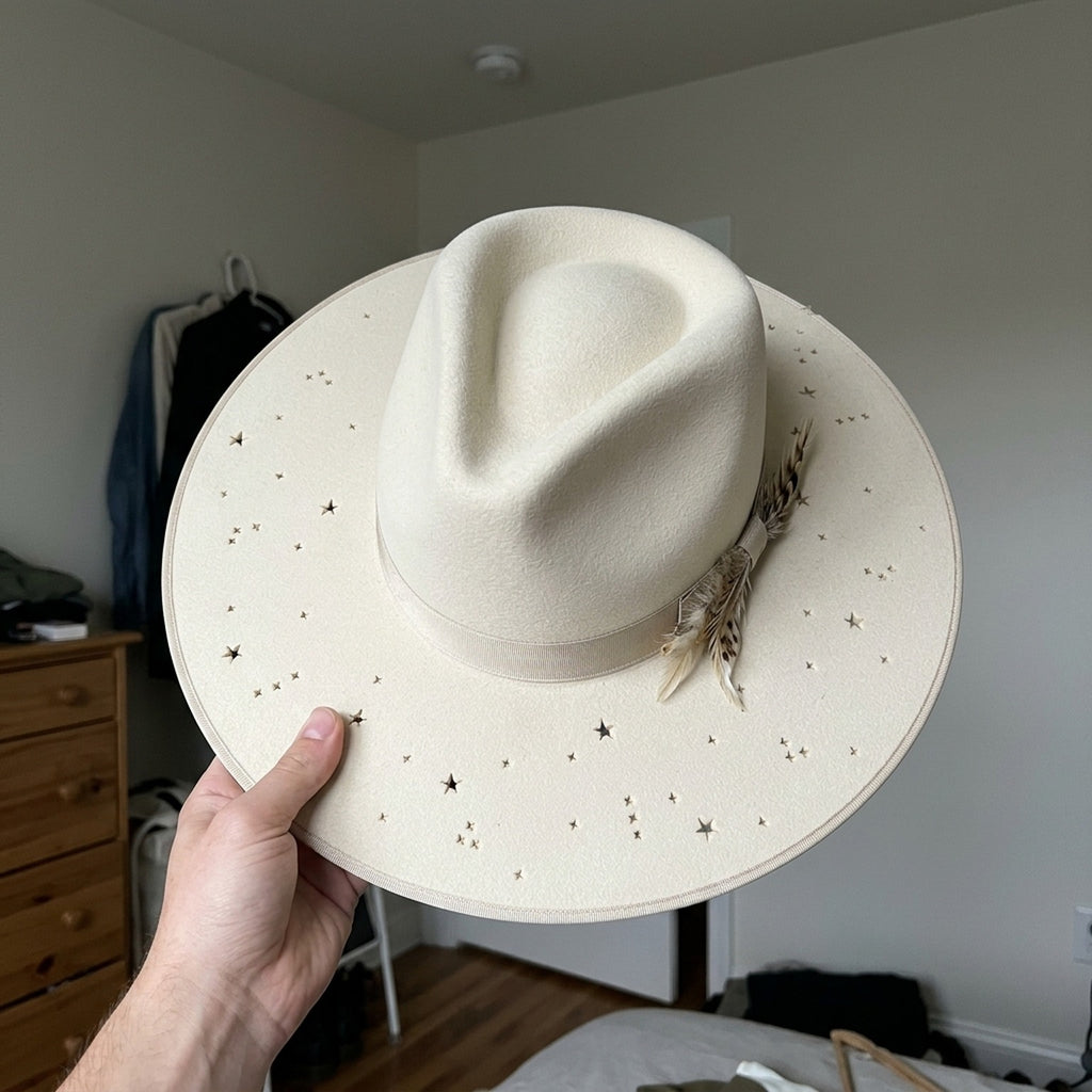 Cream Wool Felt Fedora with Star Cutout Brim and Grosgrain Band
