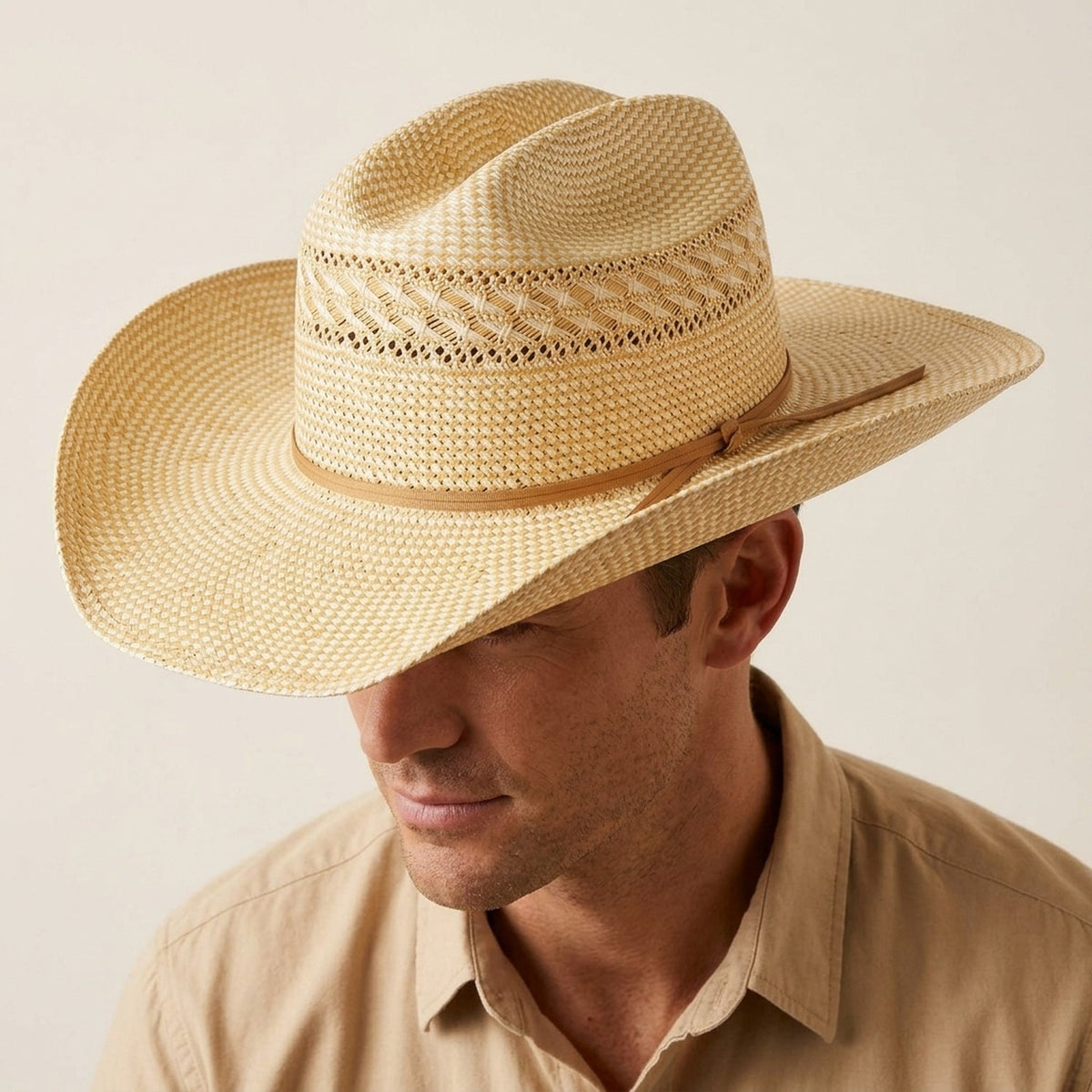 Unisex Open Weave Western Straw Hat with Leather Band Sun