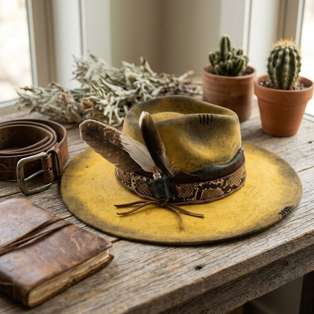 Vintage Yellow Distressed Fedora with Snake Band and Feathers