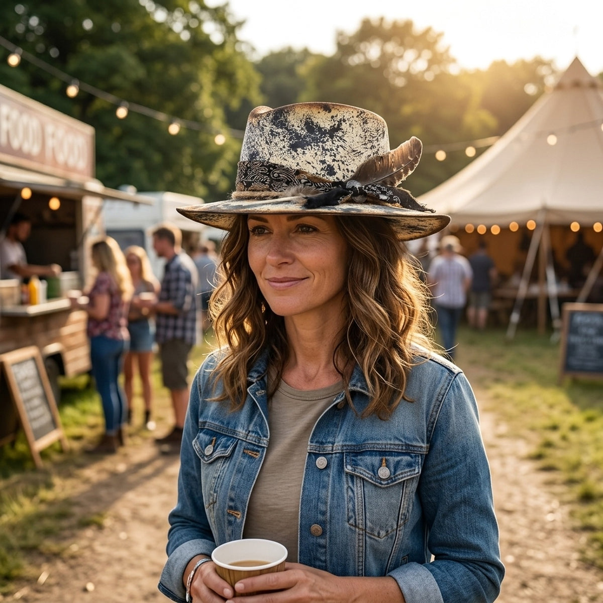 Splatter-Print Pork Pie Hat with Bandana Band and Feathers