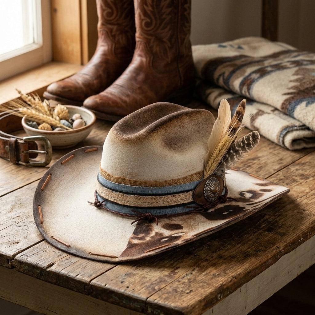 Cream Cow-Print Western Hat with Wheat Stalk and Concho