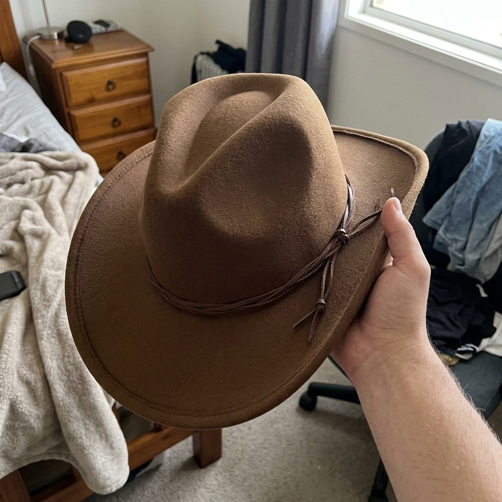 Brown Felt Cowboy Hat with Leather Cord Band and Chin Tie