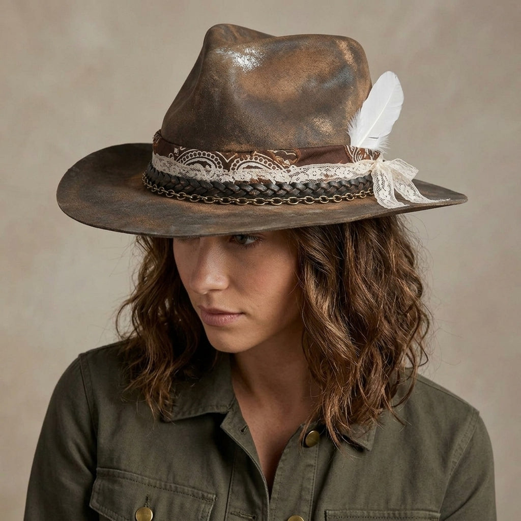 Romantic Brown Fedora with Lace, Chain and Feather Bow