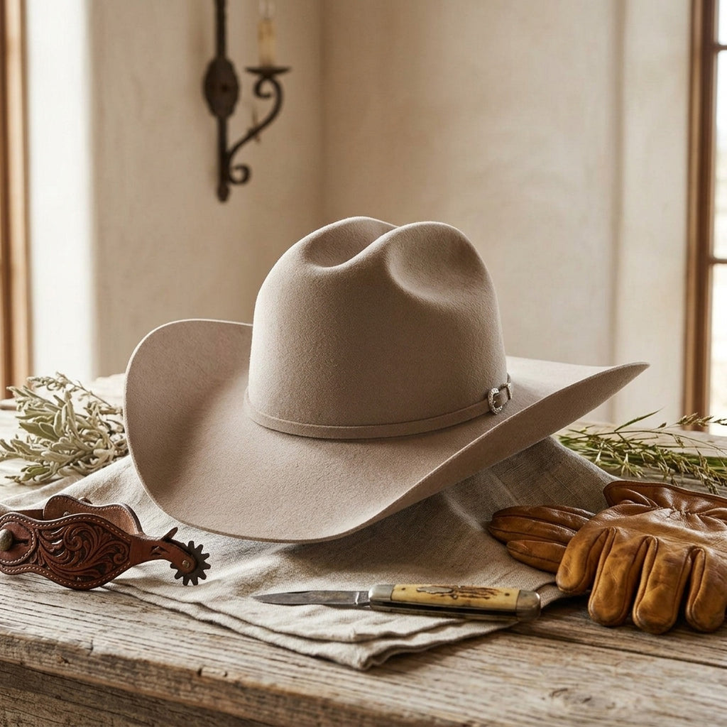 Camel Felt Cowboy Hat with Pinched Crown and Curved Brim
