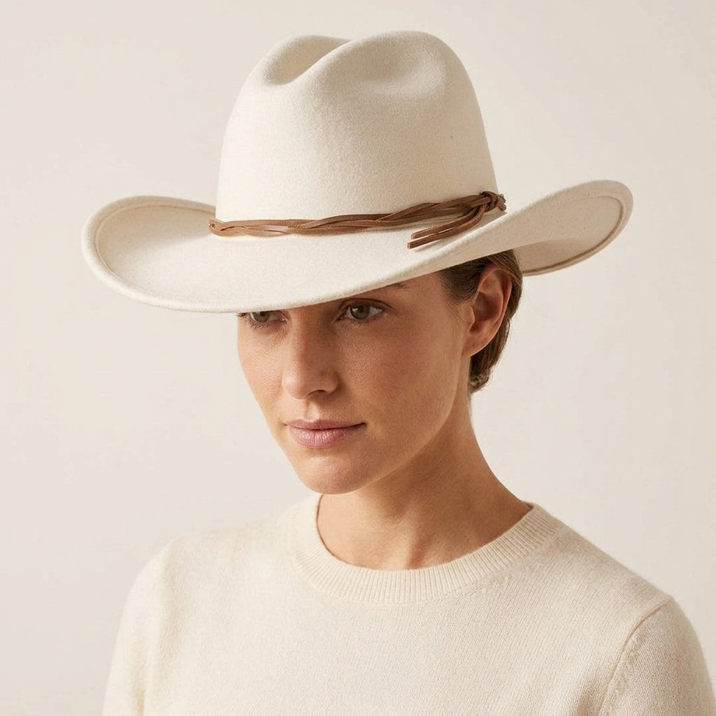 Unisex White Wool Felt Western Hat with Tassel Band