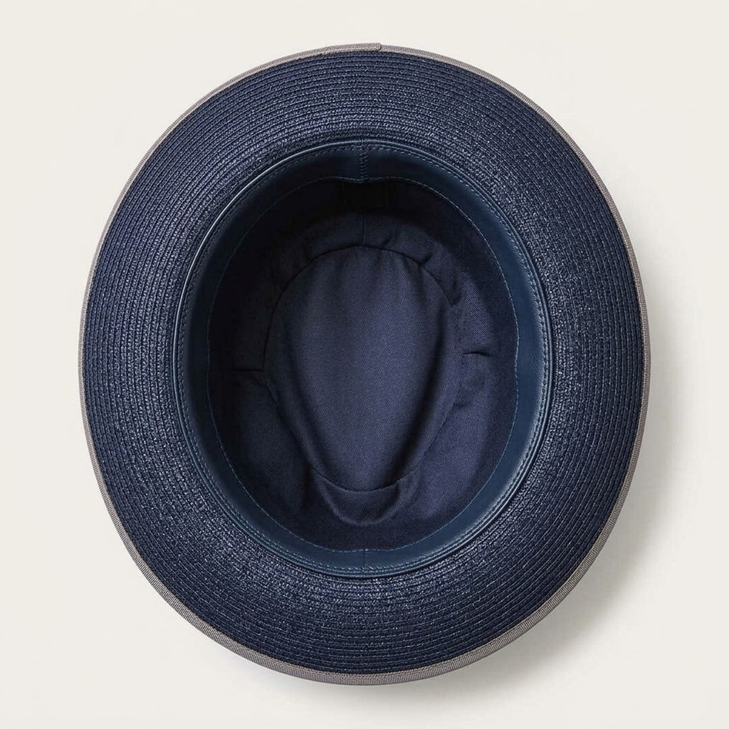 Navy Blue Straw Fedora with Gray Ribbon and Bow Accent