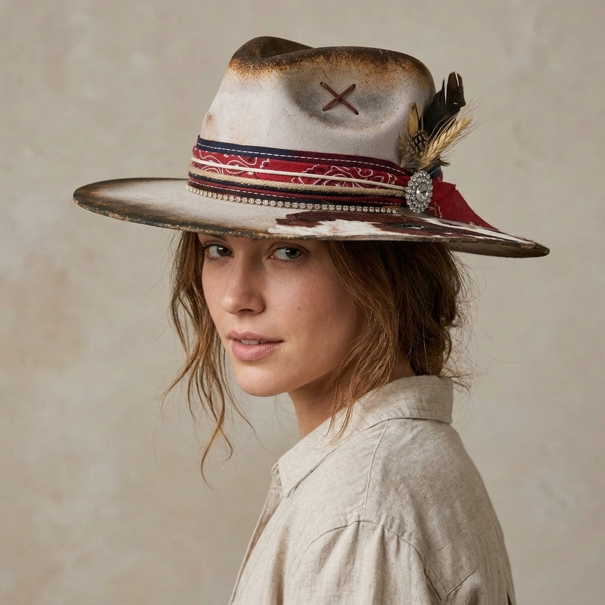 Distressed Brown Felt Western Hat Cowhide Brim Red Bandana