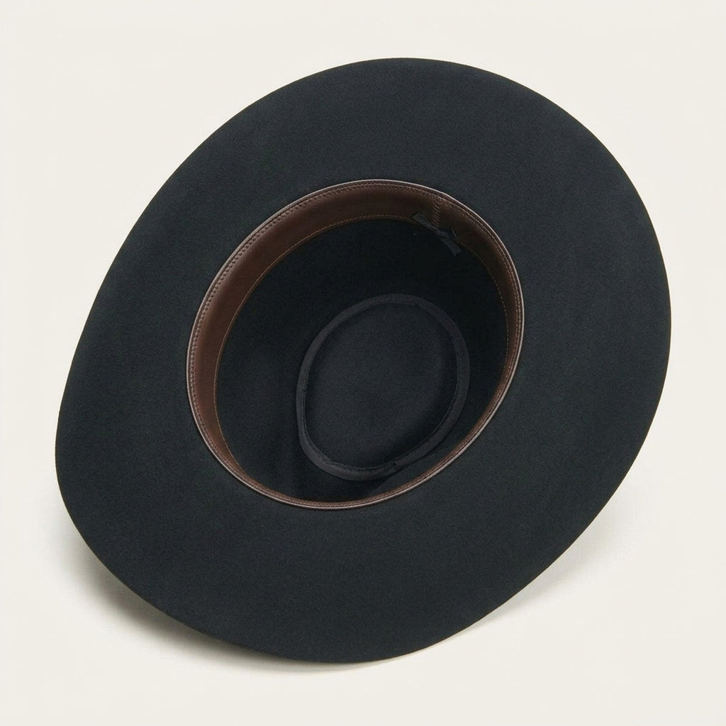 Black Felt Western Hat with Wide Flat Brim and Side Pin Detail