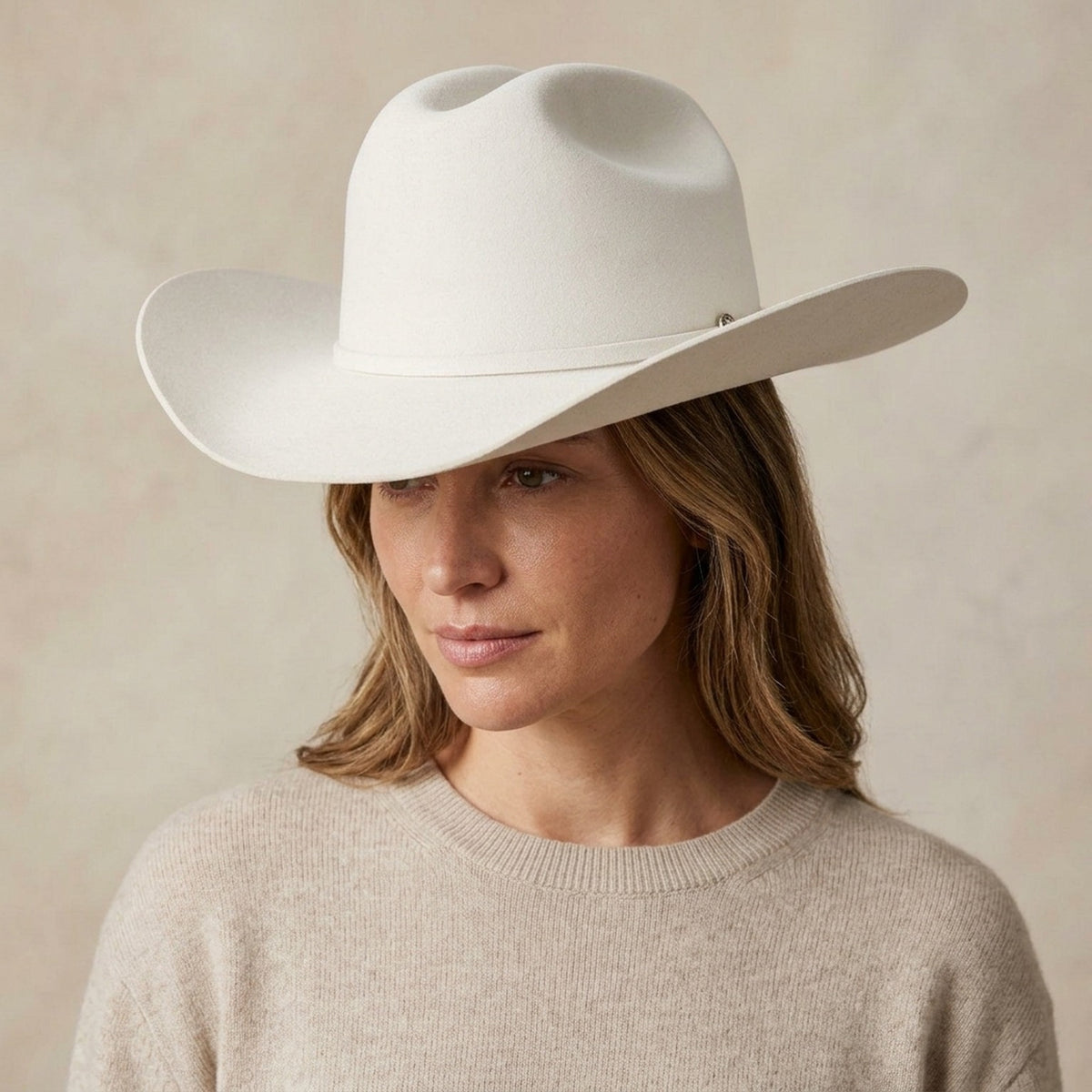 Cream White Felt Cowboy Hat with Tall Pinched Crown and Curled Brim