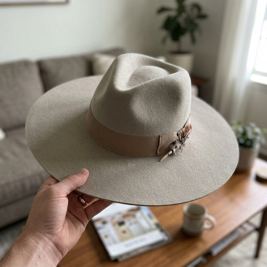 Light Gray Wool Felt Floppy Hat with Grosgrain Band and Feather