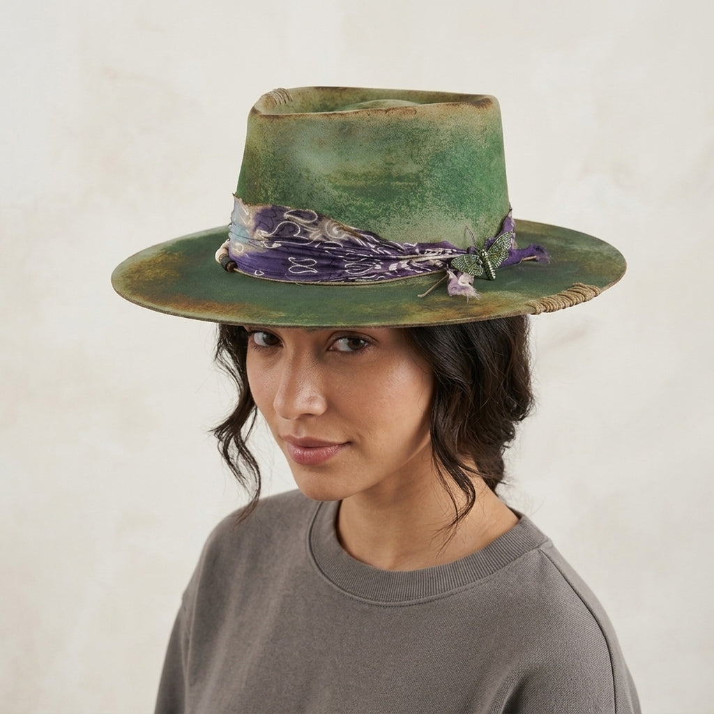 Moss Green Distressed Hat with Purple Patterned Band and Butterfly Pin