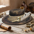 Dark Distressed Fedora Rope Band Speckled Feather Boho Ranch Hat