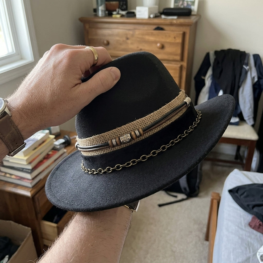 Black Wool Felt Western Fedora with Beaded Chain Band