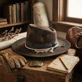 Dark Brown Fedora Frayed Ribbon Rope Band Tattered Tag Vintage