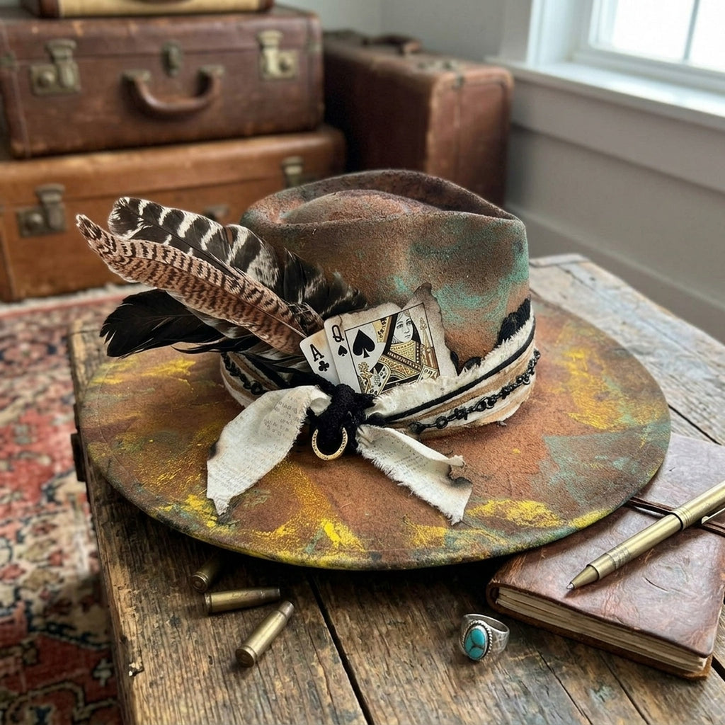 Mixed-Media Brown Fedora with Cards, Pearls, and Feather Cluster
