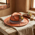 Rust Orange Felt Fedora Denim Burlap Layer Jeweled Brooch