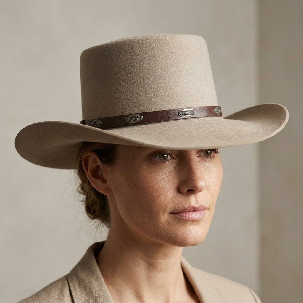 Tan Wool Felt Western Hat with Leather Band and Metal Concho Trim
