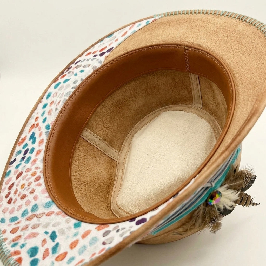 Tan Festival Fedora with Painted Confetti Brim and Feathers