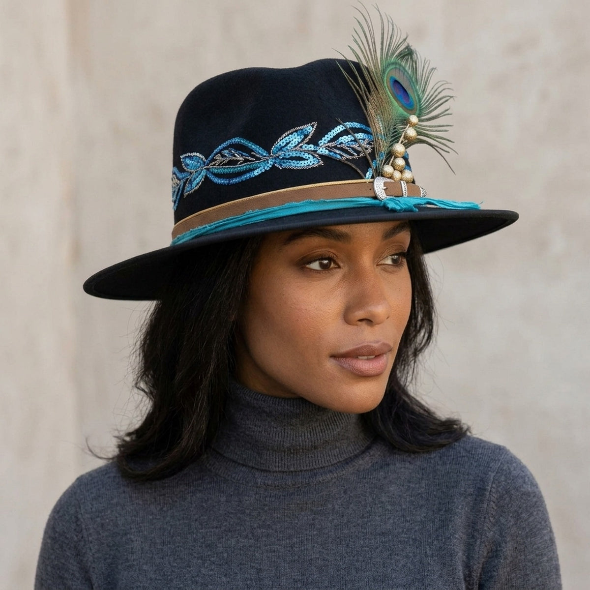 Black Felt Fedora with Blue Sequin Leaves and Peacock Feather
