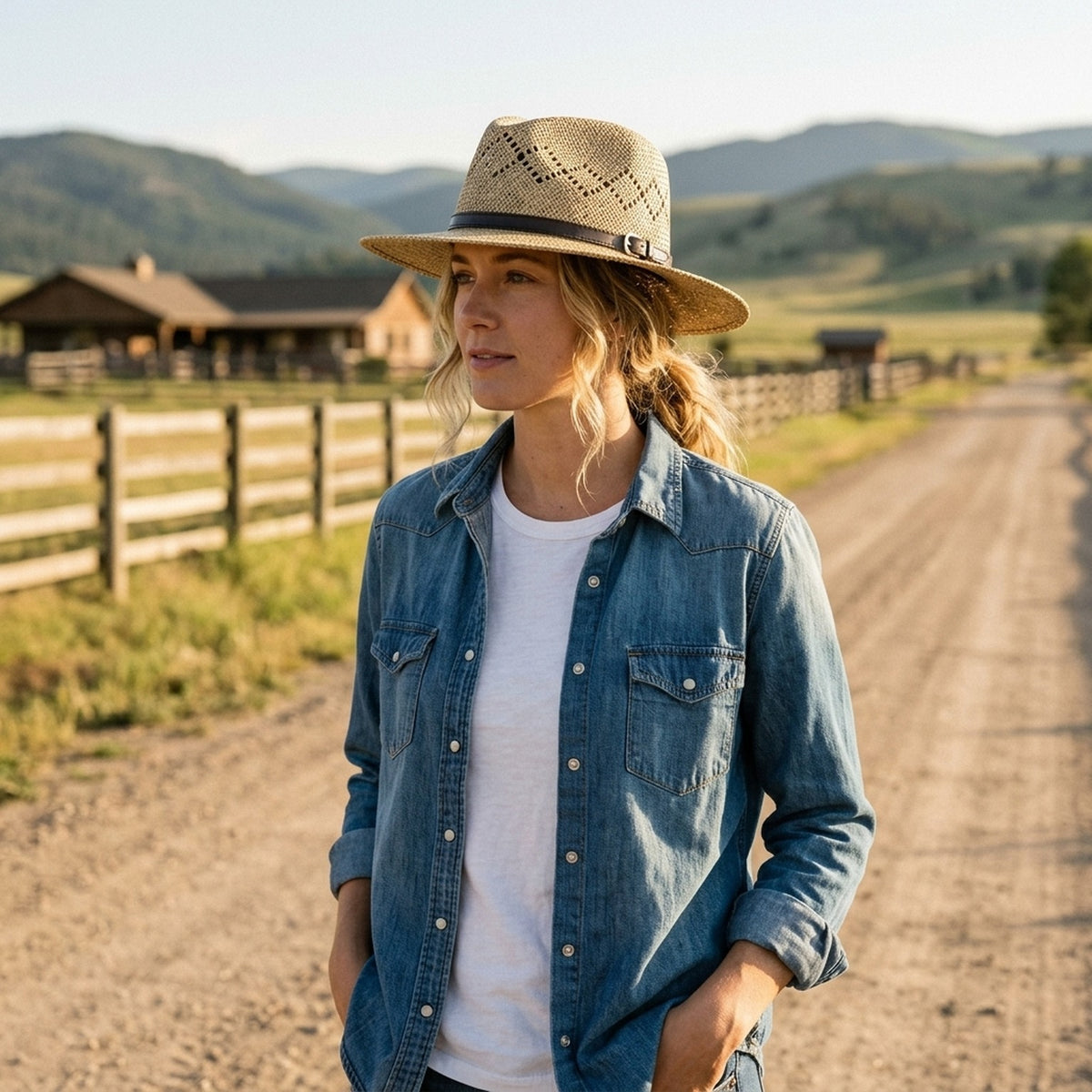 Natural Straw Sun Hat with Open Weave Crown and Wide Brim
