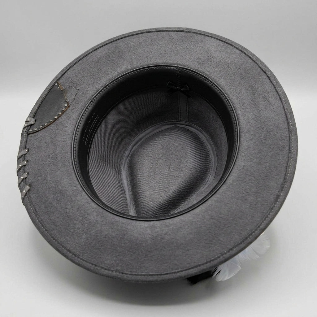 Gray Flocked Fedora Hat with Wild Soul Embroidery and Feather