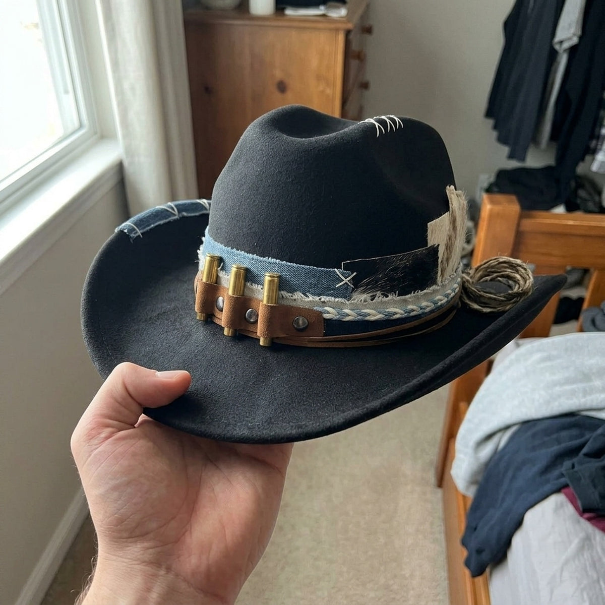 Black Cowboy Hat with Bullet Band, Denim Patch and Rope Detail