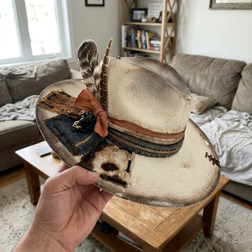 Distressed Cream Fedora Patchwork Feathers Ribbon Boho Vintage Hat
