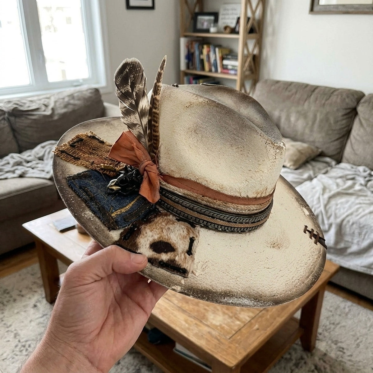 Distressed Cream Fedora Patchwork Feathers Ribbon Boho Vintage Hat