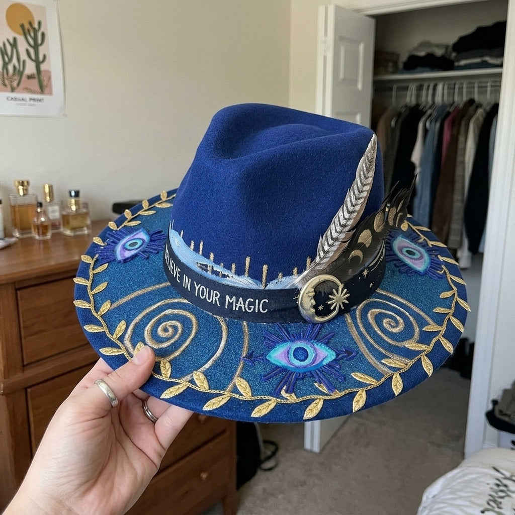 Royal Blue Felt Fedora with Evil Eye Charms Gold Embroidery
