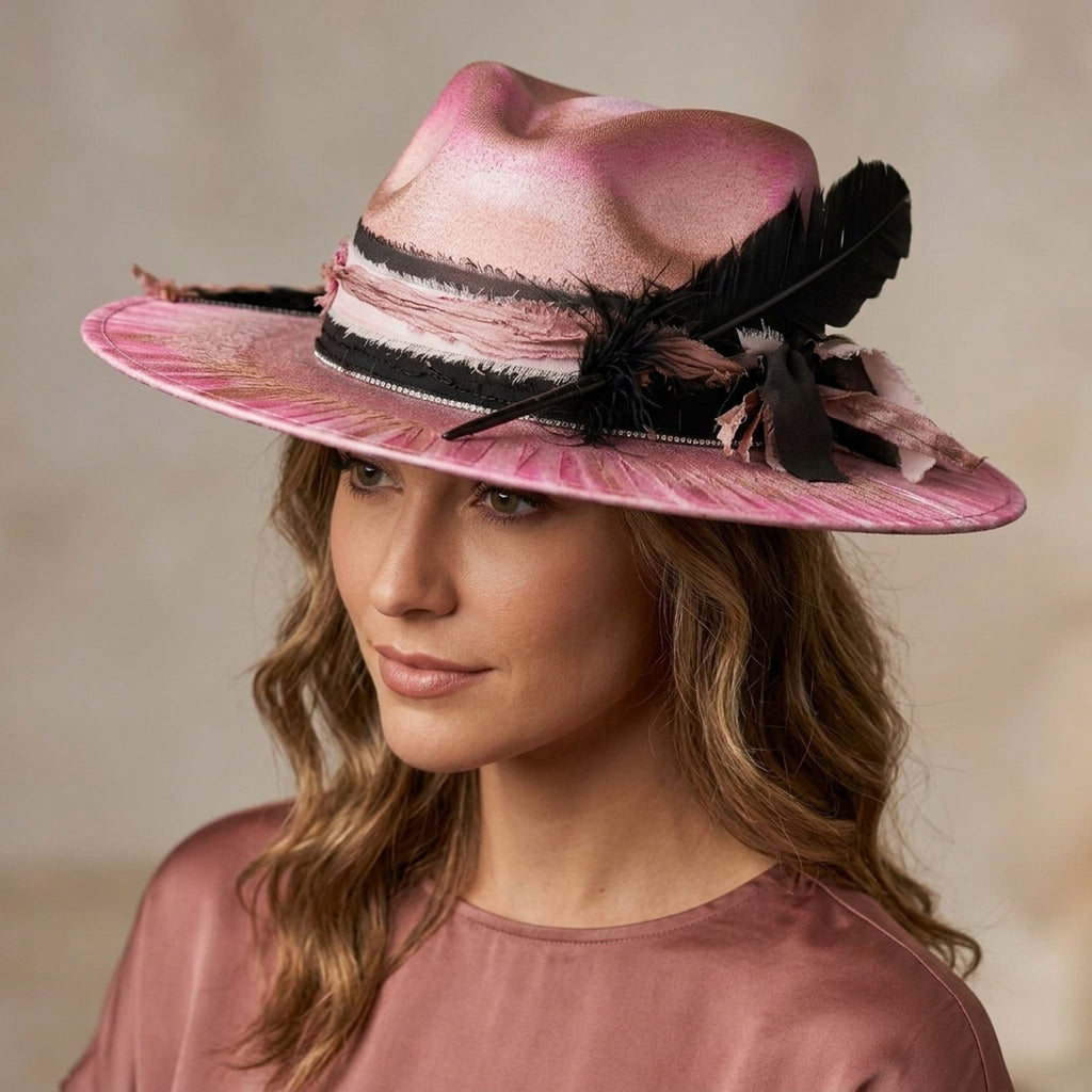 Pink Wide-Brim Floppy Hat with Black Feather and Ruffled Band
