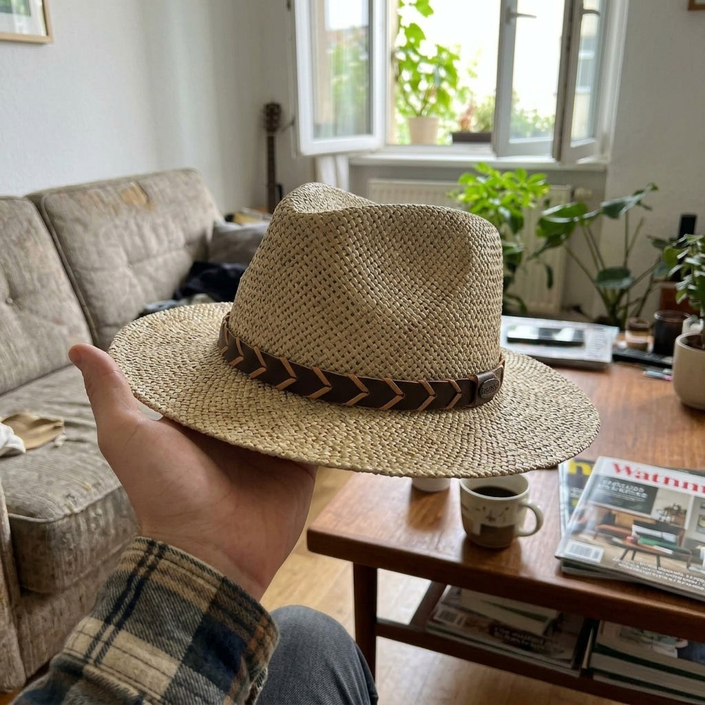 Natural Basket Weave Straw Sun Hat with Chevron Leather Band