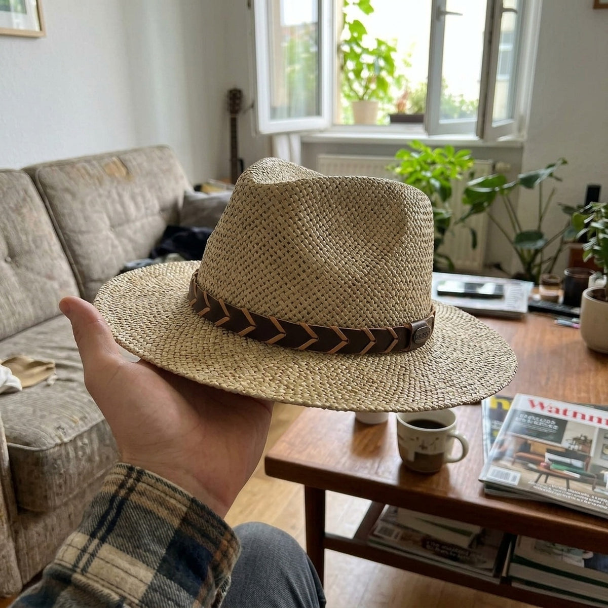 Natural Basket Weave Straw Sun Hat with Chevron Leather Band