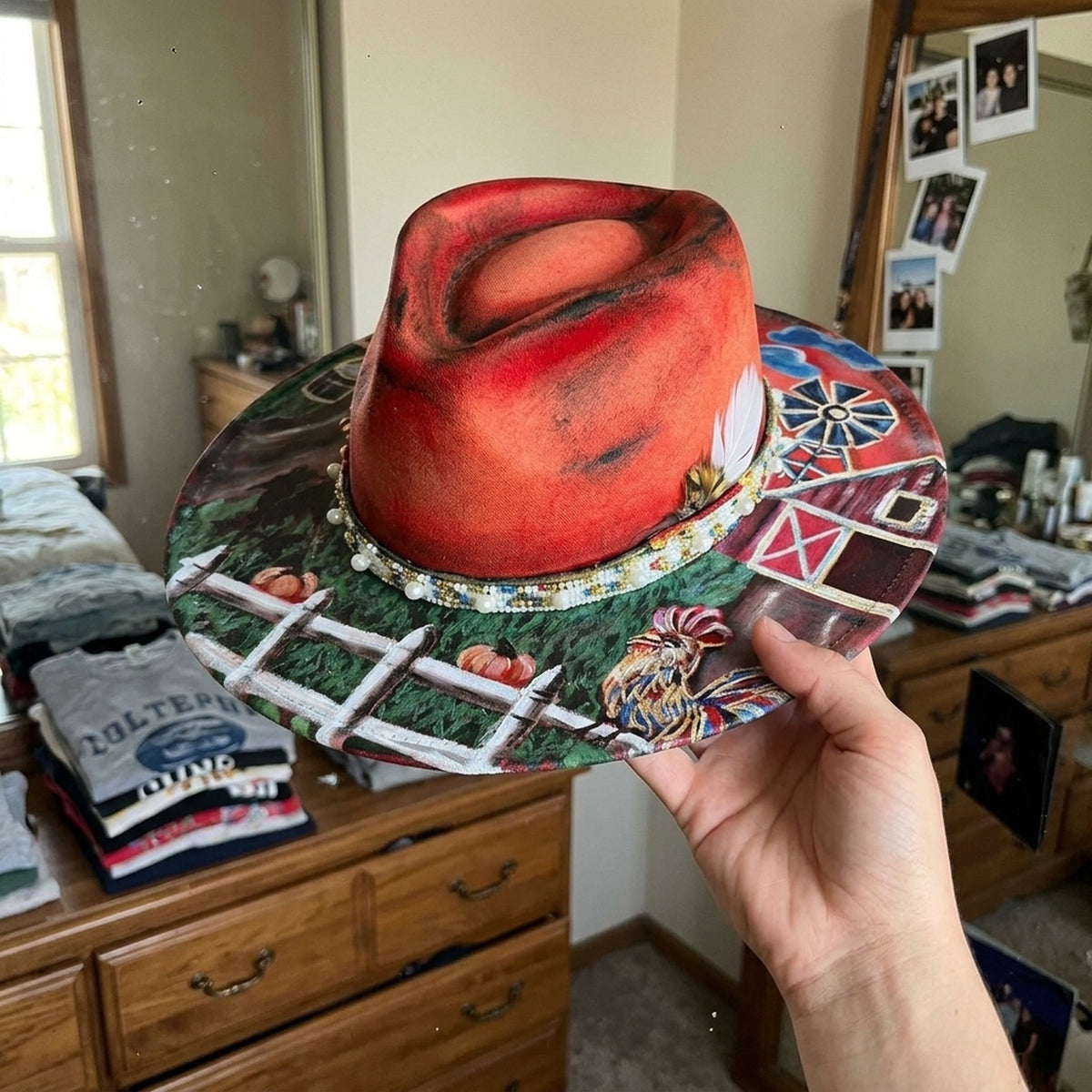 Red Crown Fedora Hat with Hand-Painted Farm Brim Scene