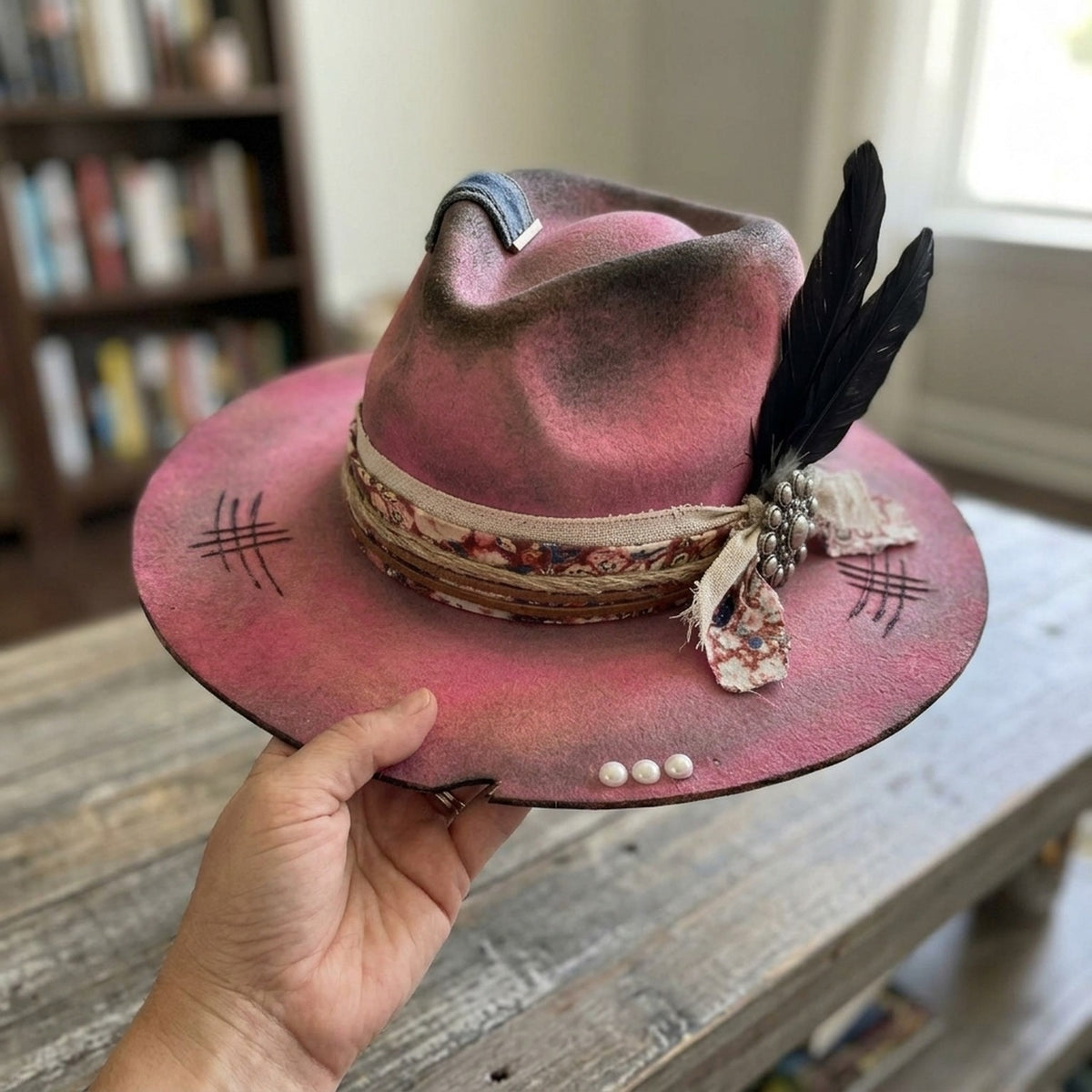 Boho Pink Fedora with Black Feathers and Pearl Accents