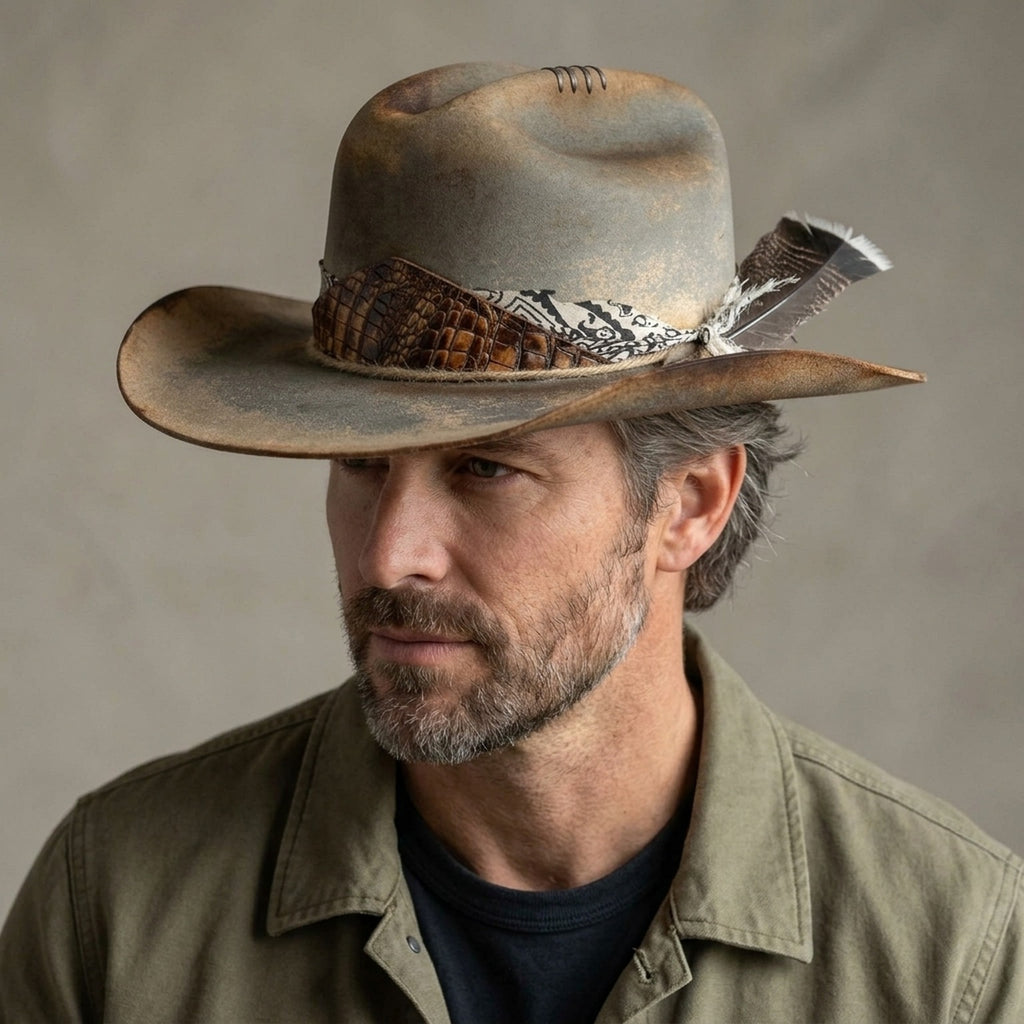 Weathered Tan Western Hat with Croc Leather and Bandana Band
