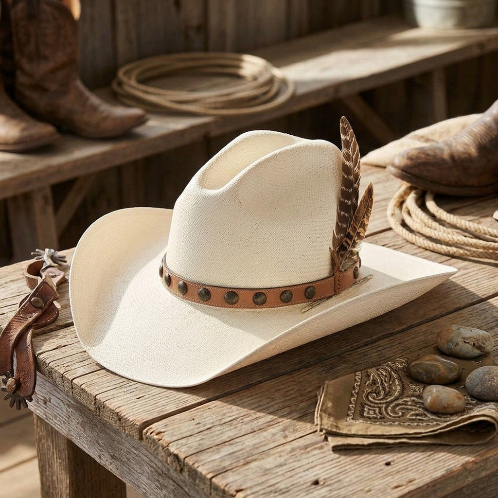 Cream Straw Cowboy Hat with Studded Leather Band and Feathers