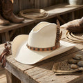 Cream Straw Cowboy Hat with Studded Leather Band and Feathers