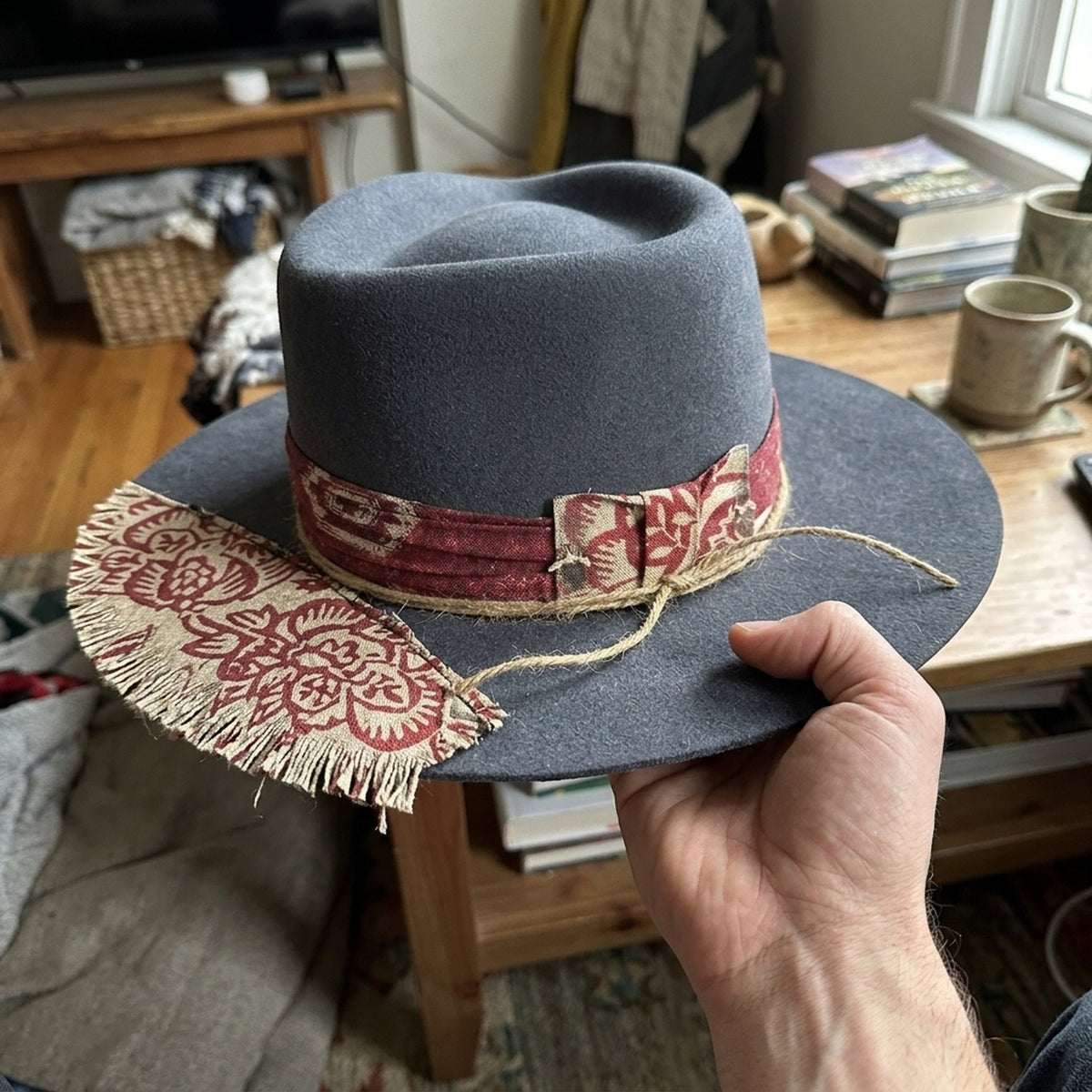 Slate Grey Felt Fedora with Floral Bow and Twine Detail