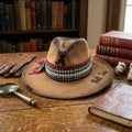 Tan Fedora Houndstooth Band Beaded Bandana Bow Stitched Crown Hat