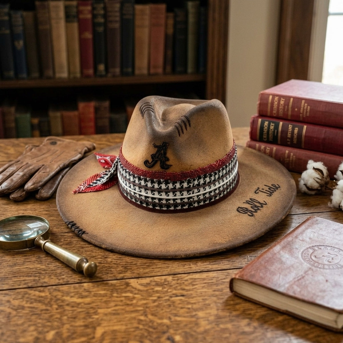 Tan Fedora Houndstooth Band Beaded Bandana Bow Stitched Crown Hat