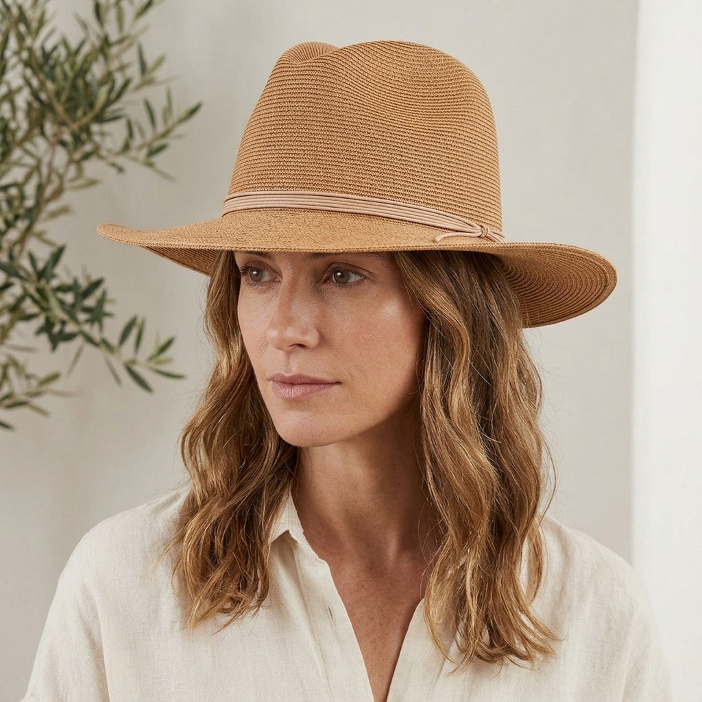 Tan Straw Fedora with Leather Cord Band for Summer Festival Style