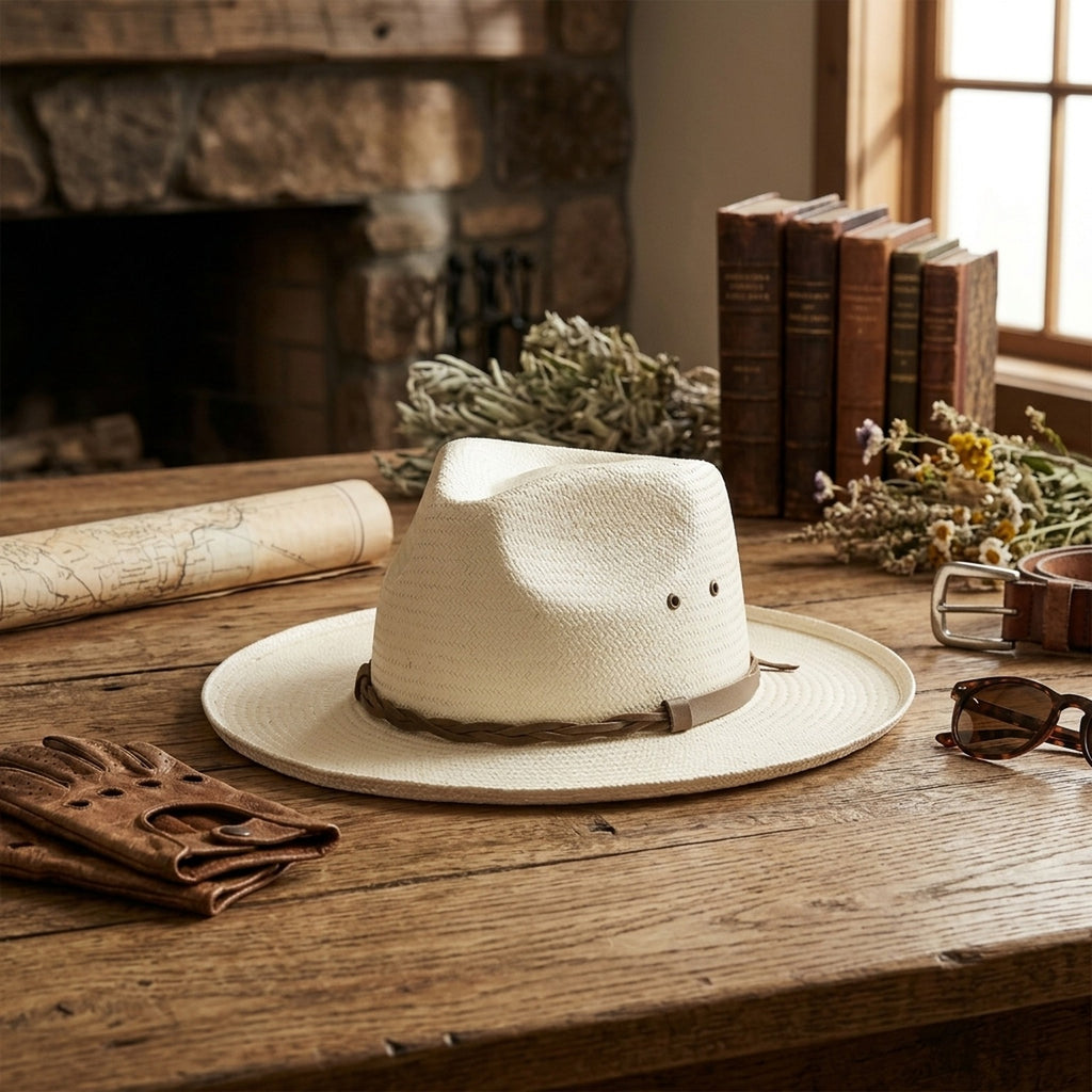 White Straw Fedora Hat with Braided Leather Band and Wide Brim