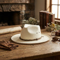 White Straw Fedora Hat with Braided Leather Band and Wide Brim