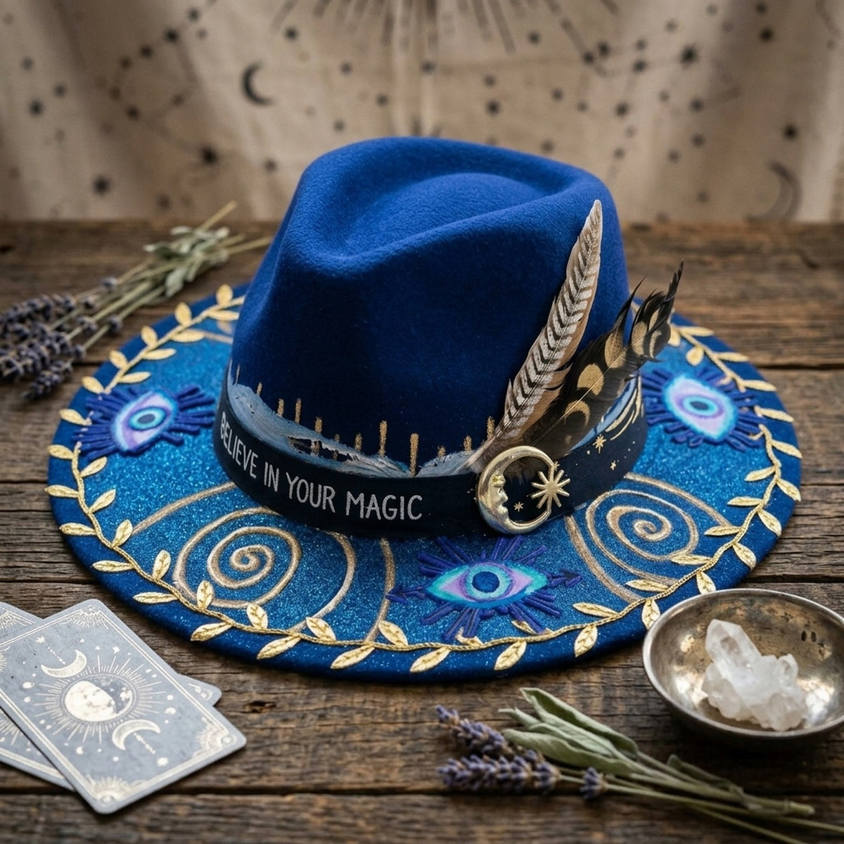 Royal Blue Felt Fedora with Evil Eye Charms Gold Embroidery