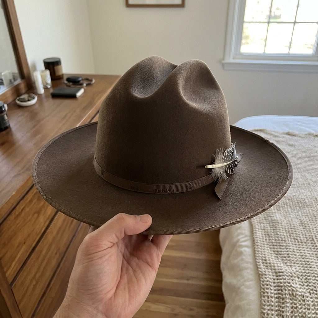 Brown Distressed Wide-Brim Western Felt Hat with Feather