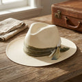 Unisex Cream Wide Brim Sun Hat with Feather and Ribbon Band